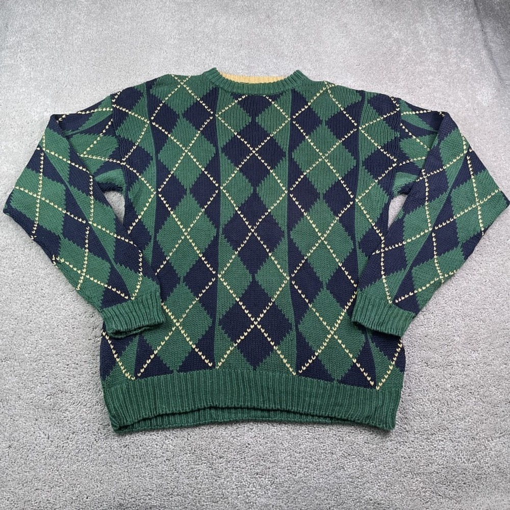 VINTAGE Campus Sweater Mens Large Green‎ Blue Diamond Argyle Ramie Cotton Crew